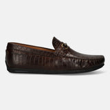 A brown Men's bugatti Casual Loafers featuring a square toe apron toe, zero heels heel. Made from patent leather with a durable tr outsole, this slip-on design offers both style and comfort.