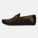 A brown Men's bugatti Casual Loafers featuring a square toe apron toe, zero heels heel. Made from patent leather with a durable tr outsole, this slip-on design offers both style and comfort.