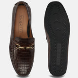 A brown Men's bugatti Casual Loafers featuring a square toe apron toe, zero heels heel. Made from patent leather with a durable tr outsole, this slip-on design offers both style and comfort.