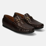 A brown Men's bugatti Casual Loafers featuring a square toe apron toe, zero heels heel. Made from patent leather with a durable tr outsole, this slip-on design offers both style and comfort.