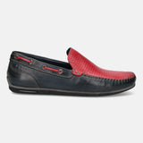 A blue Men's bugatti Casual Loafers featuring a square toe apron toe, zero heels heel. Made from premium genuine leather with a durable tr outsole, this slip-on design offers both style and comfort.