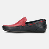 A blue Men's bugatti Casual Loafers featuring a square toe apron toe, zero heels heel. Made from premium genuine leather with a durable tr outsole, this slip-on design offers both style and comfort.