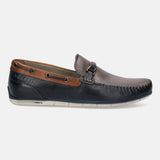 A blue Men's bugatti Casual Loafers featuring a square toe apron toe, zero heels heel. Made from premium genuine leather with a durable tr outsole, this slip-on design offers both style and comfort.