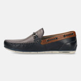 A blue Men's bugatti Casual Loafers featuring a square toe apron toe, zero heels heel. Made from premium genuine leather with a durable tr outsole, this slip-on design offers both style and comfort.