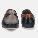 A blue Men's bugatti Casual Loafers featuring a square toe apron toe, zero heels heel. Made from premium genuine leather with a durable tr outsole, this slip-on design offers both style and comfort.