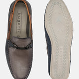 A blue Men's bugatti Casual Loafers featuring a square toe apron toe, zero heels heel. Made from premium genuine leather with a durable tr outsole, this slip-on design offers both style and comfort.