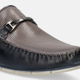 A blue Men's bugatti Casual Loafers featuring a square toe apron toe, zero heels heel. Made from premium genuine leather with a durable tr outsole, this slip-on design offers both style and comfort.