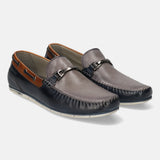 A blue Men's bugatti Casual Loafers featuring a square toe apron toe, zero heels heel. Made from premium genuine leather with a durable tr outsole, this slip-on design offers both style and comfort.