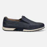 A blue Men's bugatti Slip-On Sneakers featuring a round toe plain toe, zero heels heel. Made from nubuck leather with a durable tpr outsole, this slip-on design offers both style and comfort.