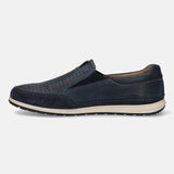 A blue Men's bugatti Slip-On Sneakers featuring a round toe plain toe, zero heels heel. Made from nubuck leather with a durable tpr outsole, this slip-on design offers both style and comfort.
