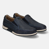 A blue Men's bugatti Slip-On Sneakers featuring a round toe plain toe, zero heels heel. Made from nubuck leather with a durable tpr outsole, this slip-on design offers both style and comfort.
