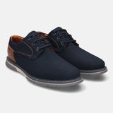 A blue Men's bugatti Derby featuring a pointed plain toe, zero heels heel, and a wide fit. Made from textile with a durable tpr outsole, this laces design offers both style and comfort.