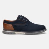A blue Men's bugatti Derby featuring a pointed plain toe, zero heels heel, and a wide fit. Made from textile with a durable tpr outsole, this laces design offers both style and comfort.