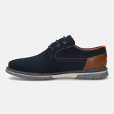 A blue Men's bugatti Derby featuring a pointed plain toe, zero heels heel, and a wide fit. Made from textile with a durable tpr outsole, this laces design offers both style and comfort.