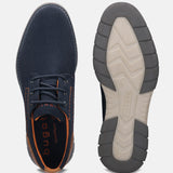 A blue Men's bugatti Derby featuring a pointed plain toe, zero heels heel, and a wide fit. Made from textile with a durable tpr outsole, this laces design offers both style and comfort.