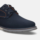 A blue Men's bugatti Derby featuring a pointed plain toe, zero heels heel, and a wide fit. Made from textile with a durable tpr outsole, this laces design offers both style and comfort.