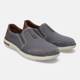 A grey Men's bugatti Casual Loafers featuring a round plain toe, zero heels heel, and a wide fit. Made from textile with a durable synthetic outsole, this slip-on design offers both style and comfort.
