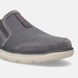 A grey Men's bugatti Casual Loafers featuring a round plain toe, zero heels heel, and a wide fit. Made from textile with a durable synthetic outsole, this slip-on design offers both style and comfort.