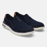 A blue Men's bugatti Casual Loafers featuring a round plain toe, zero heels heel, and a wide fit. Made from textile with a durable synthetic outsole, this slip-on design offers both style and comfort.
