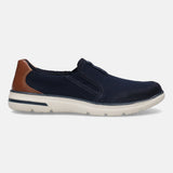 A blue Men's bugatti Casual Loafers featuring a round plain toe, zero heels heel, and a wide fit. Made from textile with a durable synthetic outsole, this slip-on design offers both style and comfort.