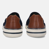 A blue Men's bugatti Casual Loafers featuring a round plain toe, zero heels heel, and a wide fit. Made from textile with a durable synthetic outsole, this slip-on design offers both style and comfort.