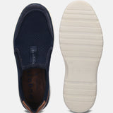A blue Men's bugatti Casual Loafers featuring a round plain toe, zero heels heel, and a wide fit. Made from textile with a durable synthetic outsole, this slip-on design offers both style and comfort.