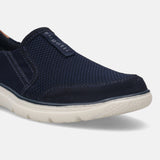 A blue Men's bugatti Casual Loafers featuring a round plain toe, zero heels heel, and a wide fit. Made from textile with a durable synthetic outsole, this slip-on design offers both style and comfort.