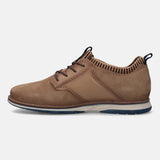 A beige Men's bugatti Oxford featuring a pointed plain toe, zero heels heel, and a wide fit. Made from premium genuine leather with a durable tpr outsole, this laces design offers both style and comfort.