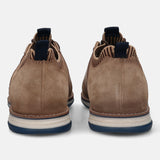 A beige Men's bugatti Oxford featuring a pointed plain toe, zero heels heel, and a wide fit. Made from premium genuine leather with a durable tpr outsole, this laces design offers both style and comfort.