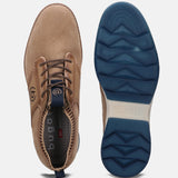 A beige Men's bugatti Oxford featuring a pointed plain toe, zero heels heel, and a wide fit. Made from premium genuine leather with a durable tpr outsole, this laces design offers both style and comfort.