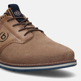 A beige Men's bugatti Oxford featuring a pointed plain toe, zero heels heel, and a wide fit. Made from premium genuine leather with a durable tpr outsole, this laces design offers both style and comfort.