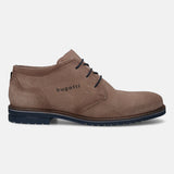 A beige Men's bugatti Derby featuring a pointed plain toe, zero heels heel. Made from suede leather with a durable tpr outsole, this laces design offers both style and comfort.