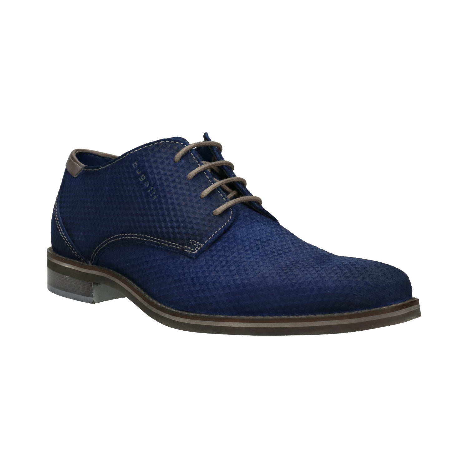 Side view of a blue bugatti formal shoe, featuring a textured leather upper and gray laces.

