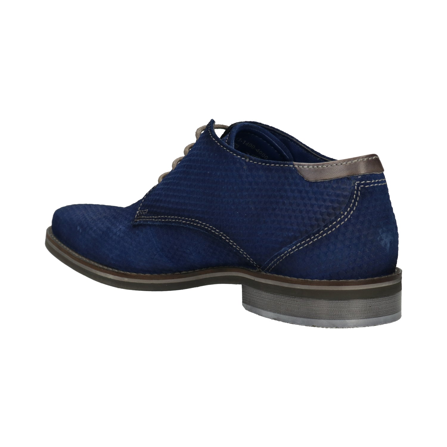 Side view of a bugatti Gagno blue leather derby shoe with a textured upper and brown accents.
