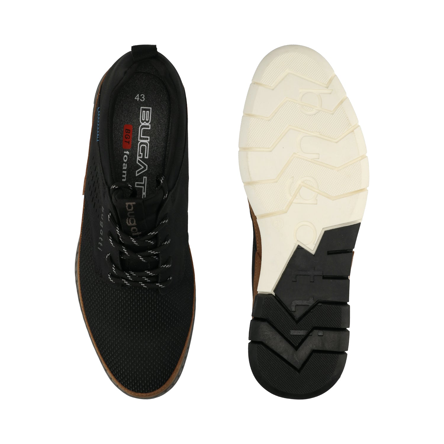 Men's Bugatti casual black textile shoes with a round toe , a tpr outsole , and laces fastening.