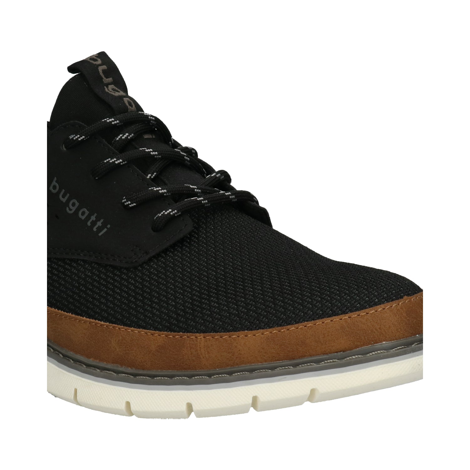 Men's Bugatti casual black textile shoes with a round toe , a tpr outsole , and laces fastening.