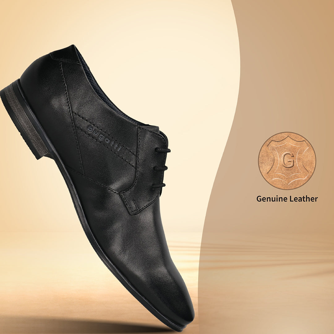 Men's Bugatti derby black leather shoes with a pointed toe and plain toe featuring a moulded heel , a pvc outsole , and laces fastening.
