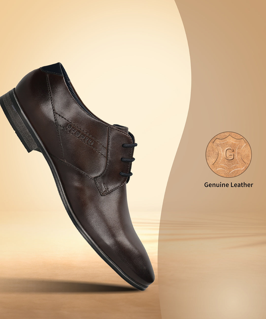 Men's Bugatti derby brown leather shoes with a pointed toe and plain toe featuring a moulded heel , a pvc outsole , and laces fastening.