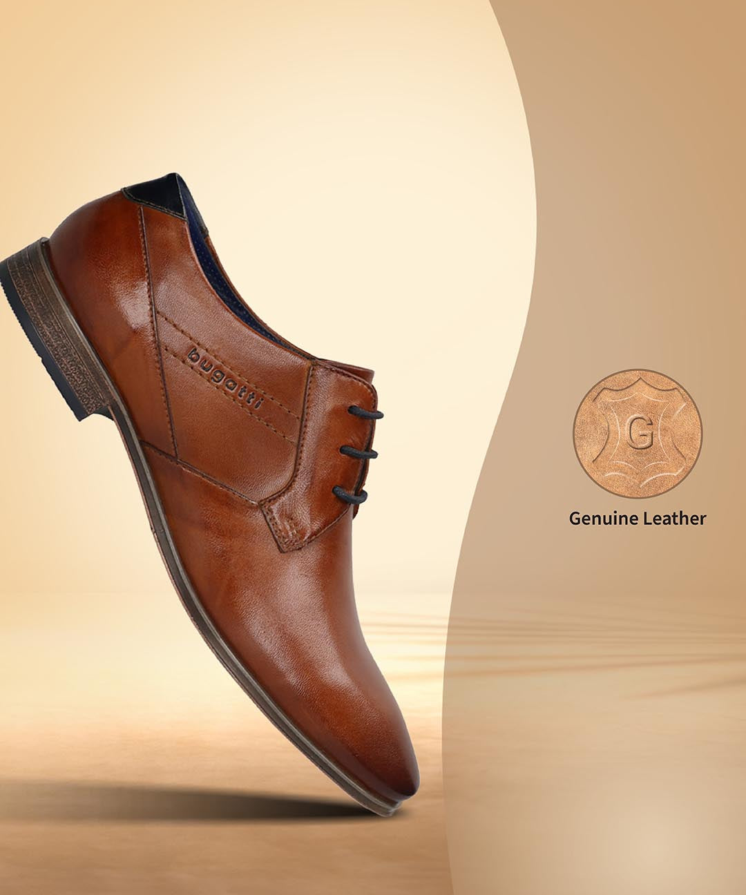 Men's Bugatti derby cognac leather shoes with a pointed toe and plain toe featuring a moulded heel , a pvc outsole , and laces fastening.