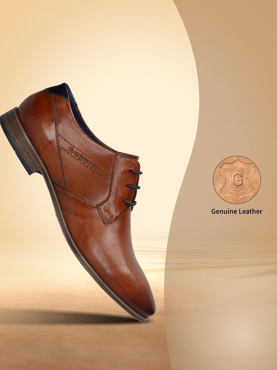 Men's Bugatti derby cognac leather shoes with a pointed toe and plain toe featuring a moulded heel , a pvc outsole , and laces fastening.
