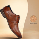 Men's Bugatti derby cognac leather shoes with a pointed toe and plain toe featuring a moulded heel , a pvc outsole , and laces fastening.