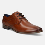 Men's Bugatti derby cognac leather shoes with a pointed toe and plain toe featuring a moulded heel , a pvc outsole , and laces fastening.