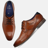 Men's Bugatti derby cognac leather shoes with a pointed toe and plain toe featuring a moulded heel , a pvc outsole , and laces fastening.
