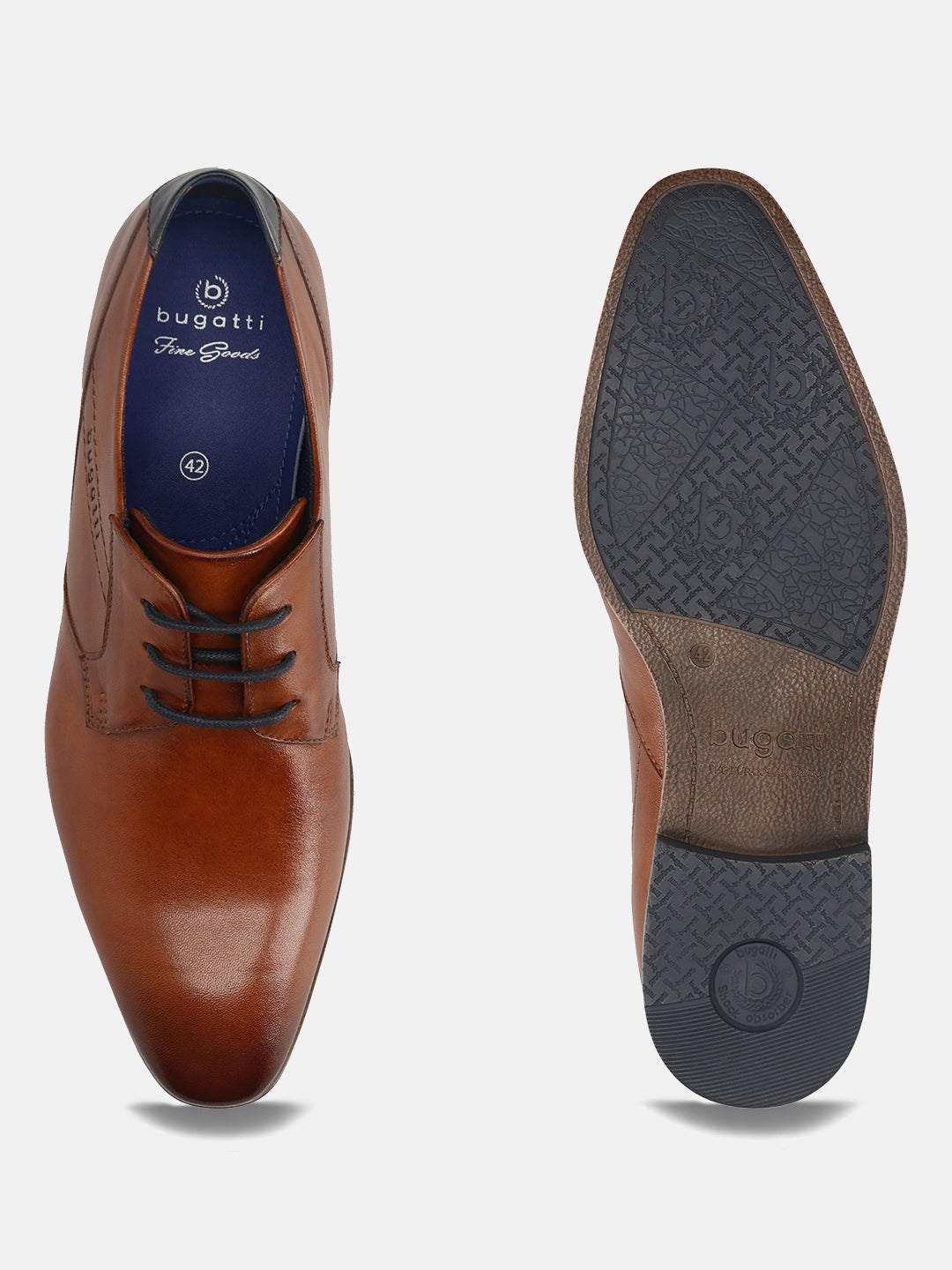 Men's Bugatti derby cognac leather shoes with a pointed toe and plain toe featuring a moulded heel , a pvc outsole , and laces fastening.