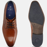 Men's Bugatti derby cognac leather shoes with a pointed toe and plain toe featuring a moulded heel , a pvc outsole , and laces fastening.
