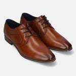 Men's Bugatti derby cognac leather shoes with a pointed toe and plain toe featuring a moulded heel , a pvc outsole , and laces fastening.