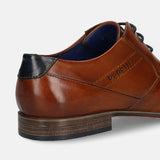 Men's Bugatti derby cognac leather shoes with a pointed toe and plain toe featuring a moulded heel , a pvc outsole , and laces fastening.