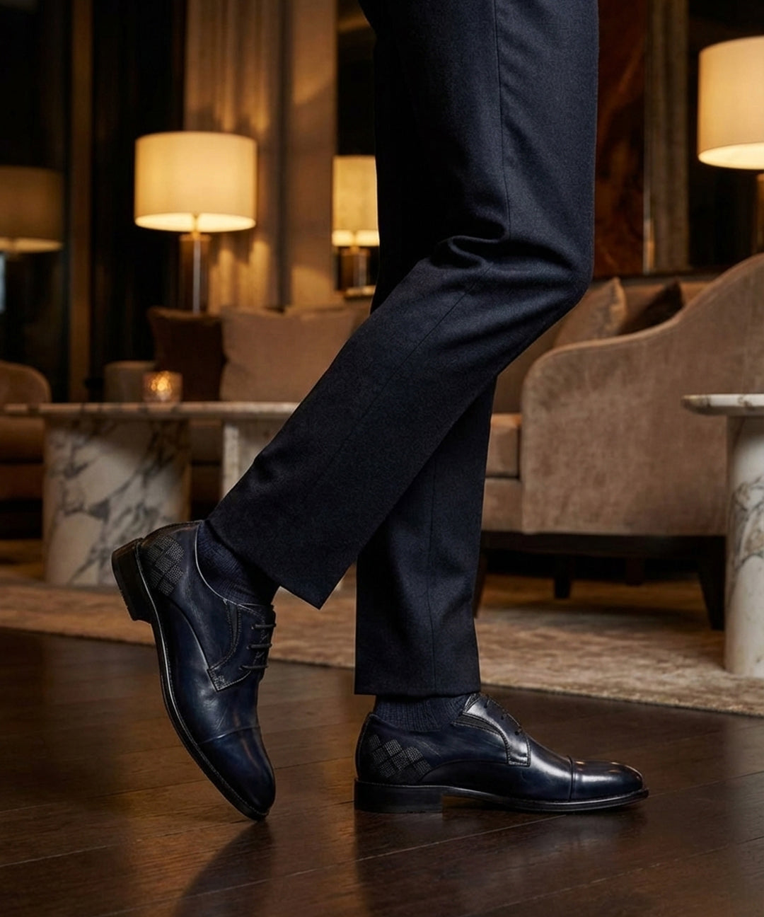 bugatti Livorno Flex Evo dark blue leather derby formal shoes, paired with dark socks and tailored trousers.