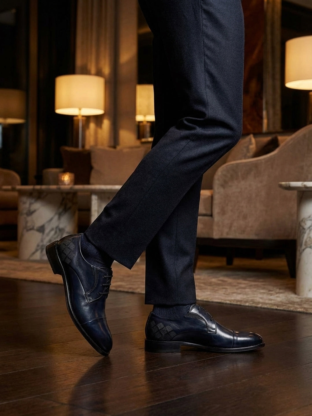 bugatti Livorno Flex Evo dark blue leather derby formal shoes, paired with dark socks and tailored trousers.