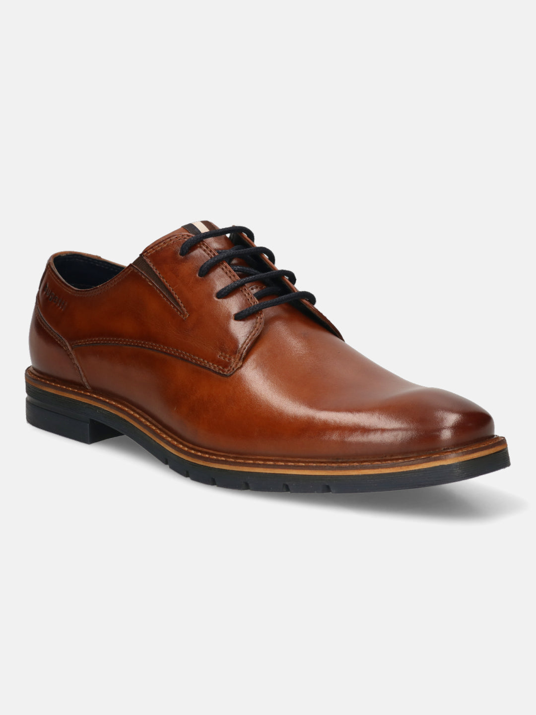 Men's Bugatti derby cognac leather shoes with a round toe and plain toe featuring a stacked heel , a tpr outsole , and laces fastening.